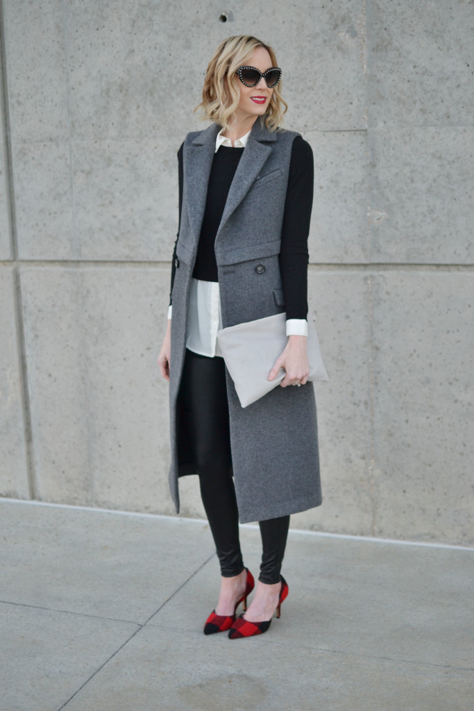 Sole Society holiday heels and clutch, leather leggings, vest, black and white top, Prada sunglasses