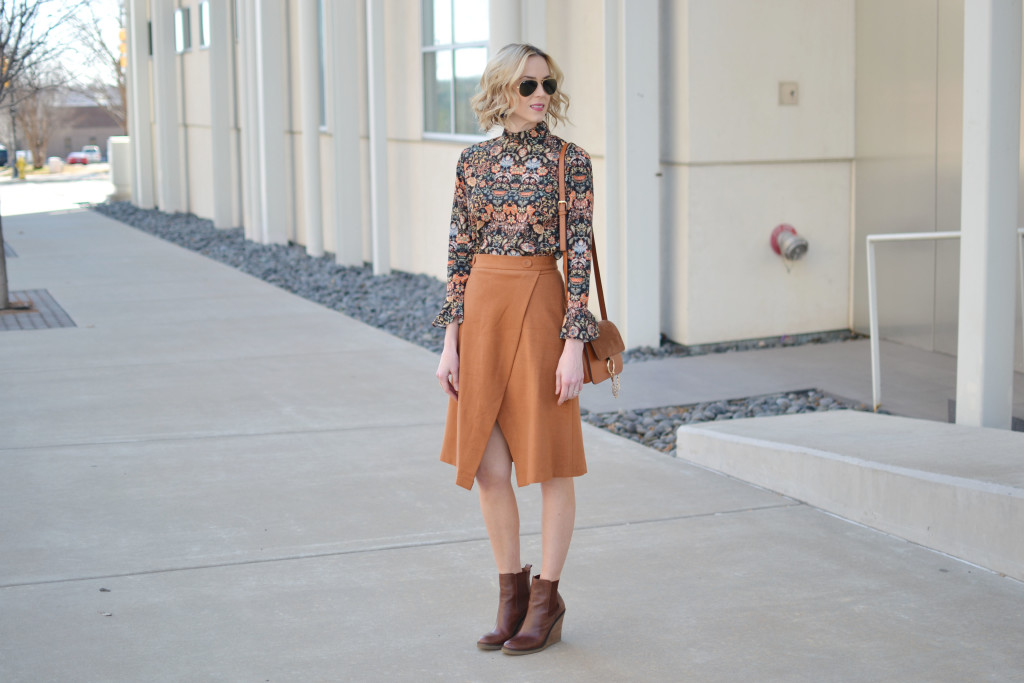 bell sleeve top, slit skirt, brown wedge boots