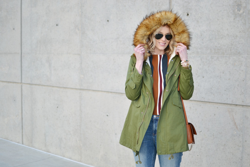 chicwish striped top, mom jeans, army green parka