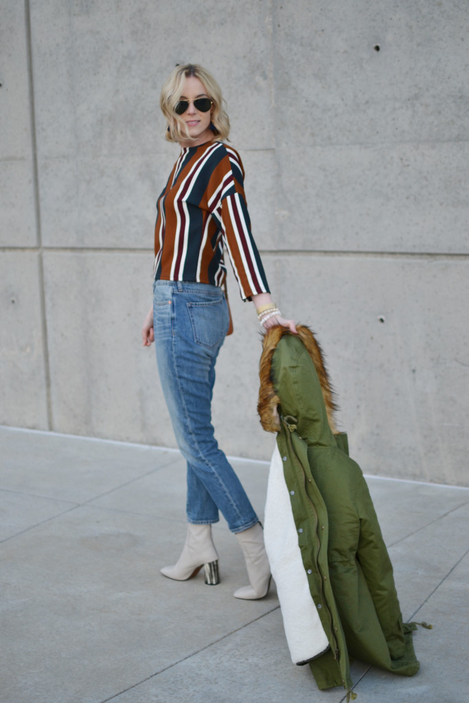 chicwish striped top, mom jeans, army green parka, topshop cream boots