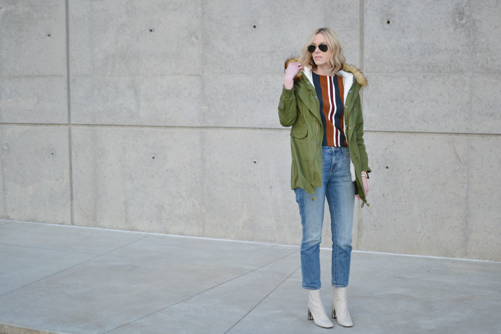 chicwish striped top, mom jeans, army green parka, topshop cream boots, ray-ban aviators