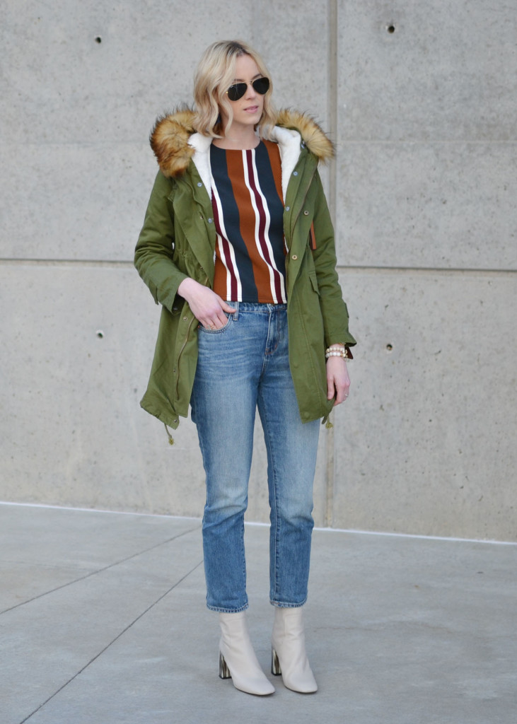 chicwish striped top, mom jeans, army green parka, topshop cream boots, ray-ban aviators, chloe dupe bag