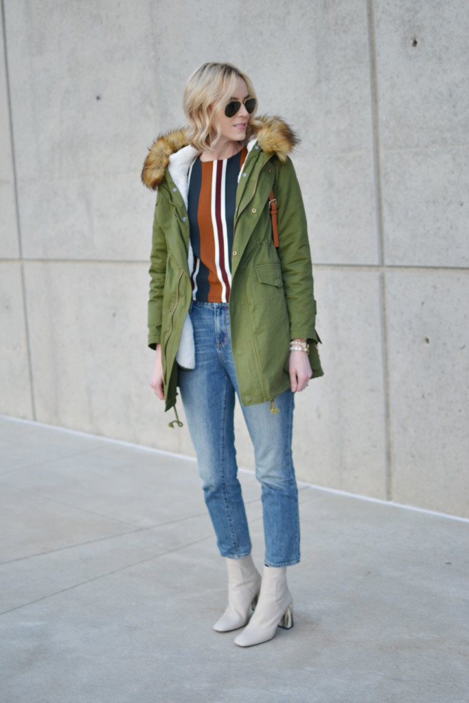 chicwish striped top, mom jeans, chicwish army green parka