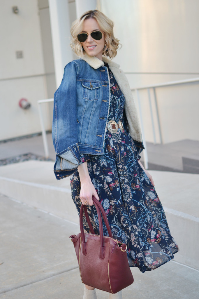 5 reasons I love midi dresses; oasap floral midi dress, shearling jean jacket, sole society tote