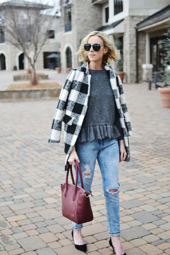 ruffle hem sweater, plaid coat, distressed jeans, Sole Society d'Orsay heels and burgundy tote bag