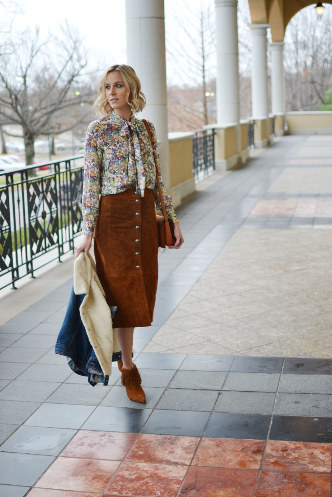 suede skirt, bow blouse, fringe boots, shearling jean jacket