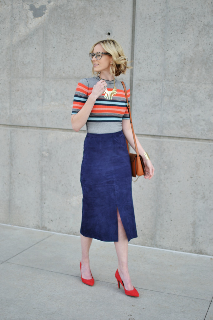 navy blue suede pencil skirt, striped top, red heels, chloe dupe bag