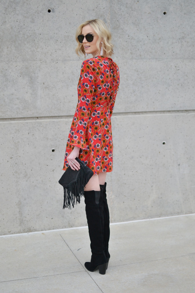 WAYF retro floral dress with tie back detail, OTK boots, fringe purse, bell sleeves