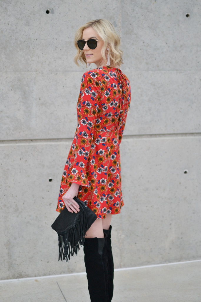 WAYF retro floral dress with tie back detail, OTK boots, fringe purse, bell sleeves