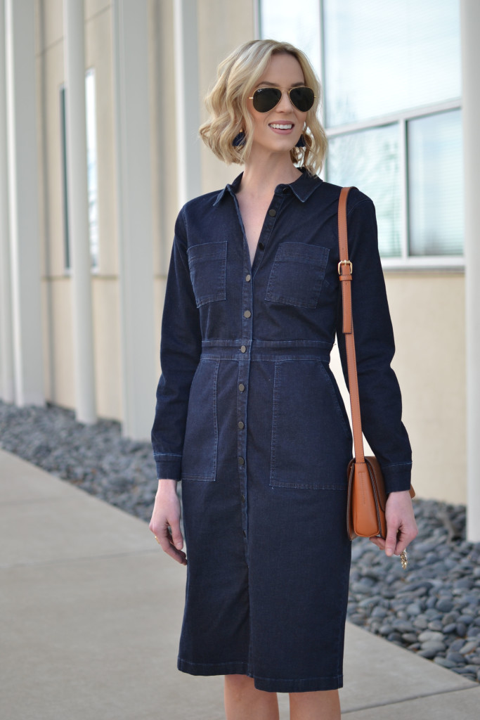 tailored denim dress, chloe dupe bag, patchwork ankle boots, booties, Ray-Ban aviators, seventies style, denim, retro, midi dress, boots