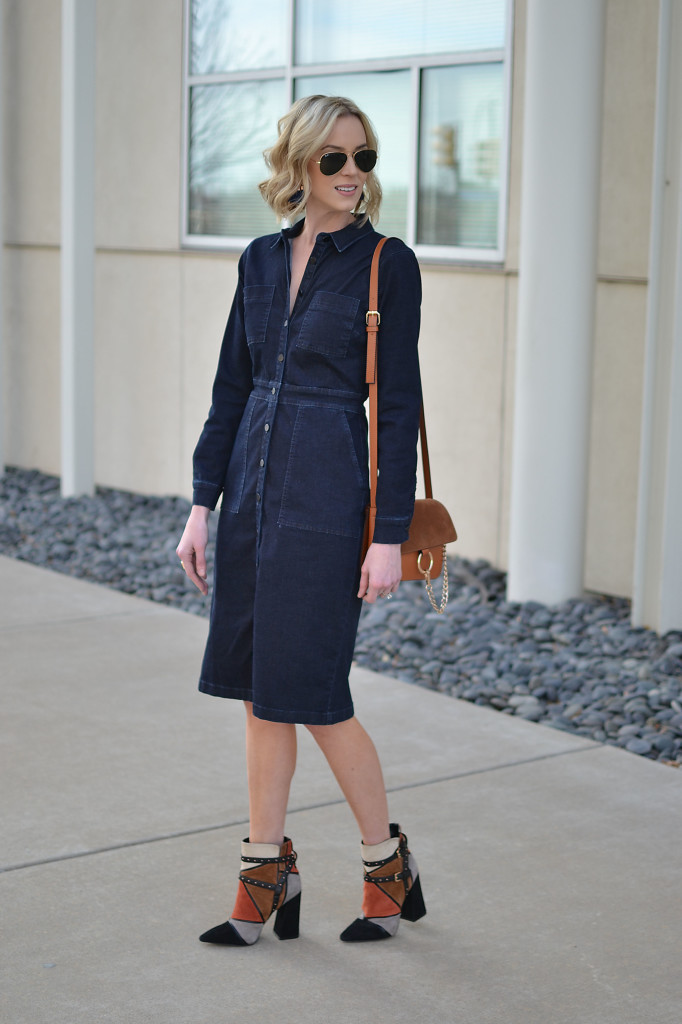 tailored denim dress, chloe dupe bag, patchwork ankle boots, booties, Ray-Ban aviators, seventies style, denim, retro, midi dress, boots