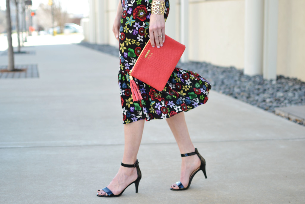 rent the runway, suno black floral dress, black heels, red GiGi NY all in one bag