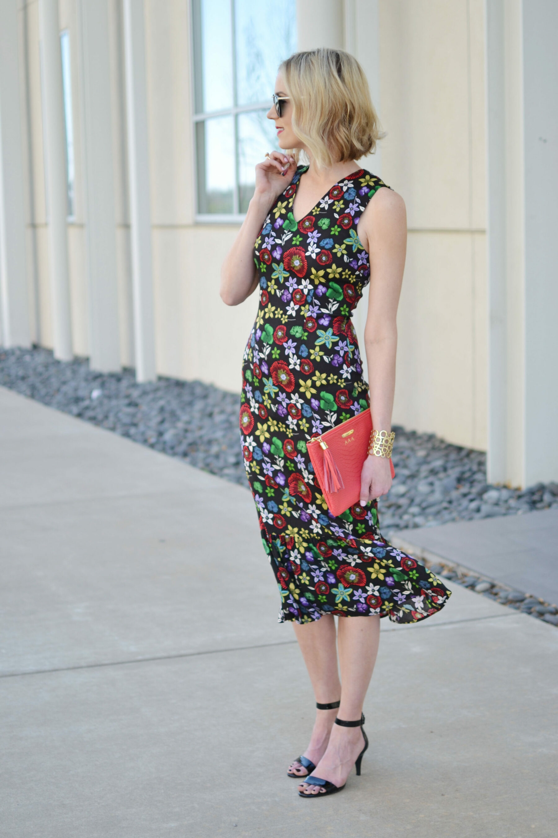 rent the runway, suno black floral dress, black heels - Straight A Style