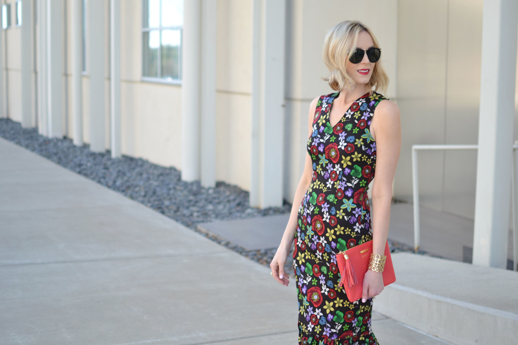 rent the runway, suno black floral dress, red GiGi NY all in one bag