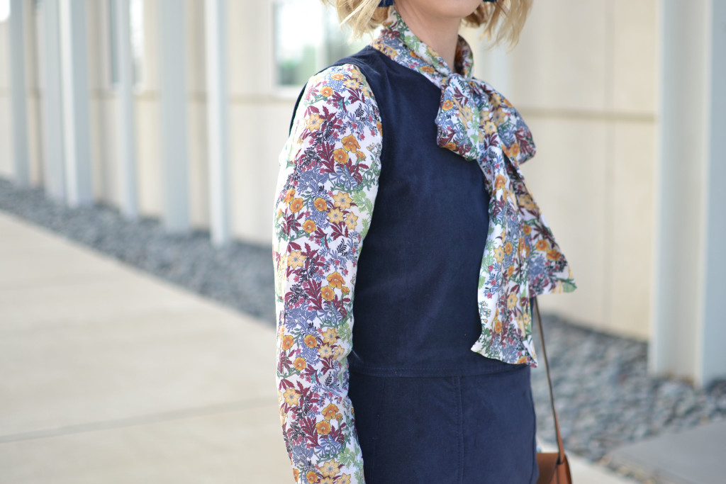 velvet jumper, floral bow blouse
