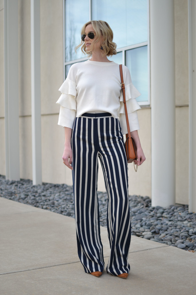 wide leg high waisted striped pants, ruffle sleeve top, 70s style, retro, chloe dupe bag. ray-ban aviators, suede boots, spring 2016 trends