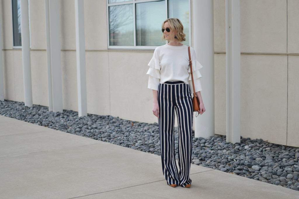 wide leg high waisted striped pants, ruffle sleeve top, 70s style, retro, chloe dupe bag. ray-ban aviators, suede boots, spring 2016 trends, flare pants