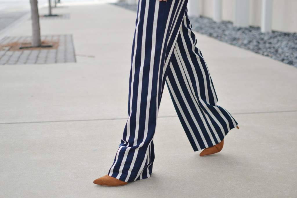 wide leg striped pants, suede boots