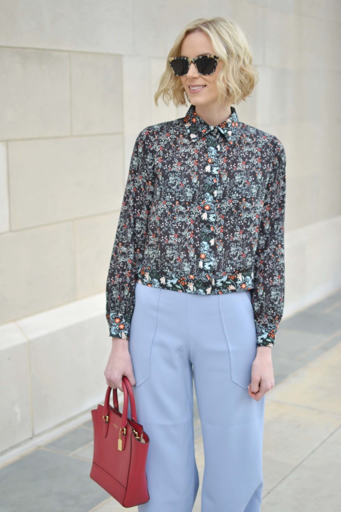 spring pastels, baby blue culottes, blush suede heels, floral top
