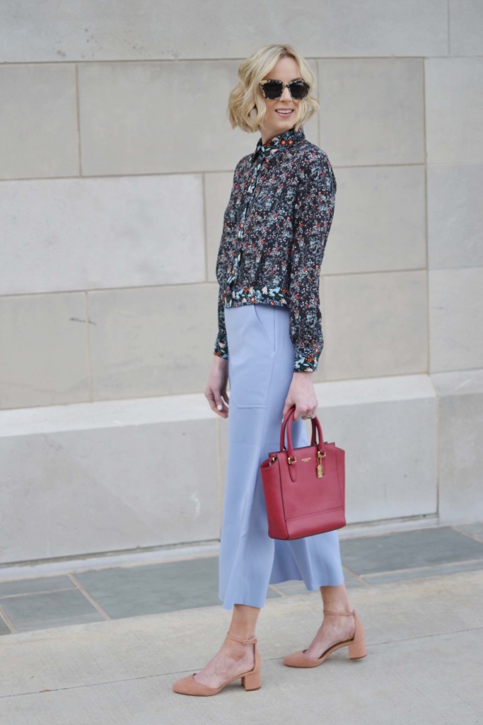 spring pastels, baby blue culottes, blush suede heels, floral top