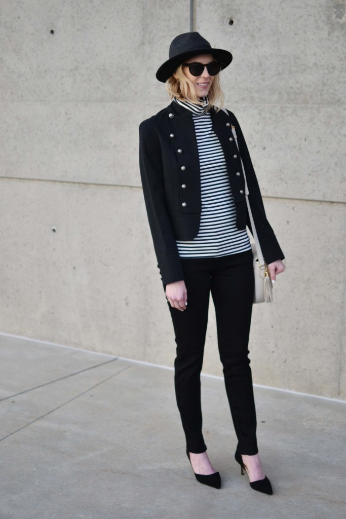 shop and dash with Fabrizio Gianni, hat, striped turtleneck, black jeans, military jacket