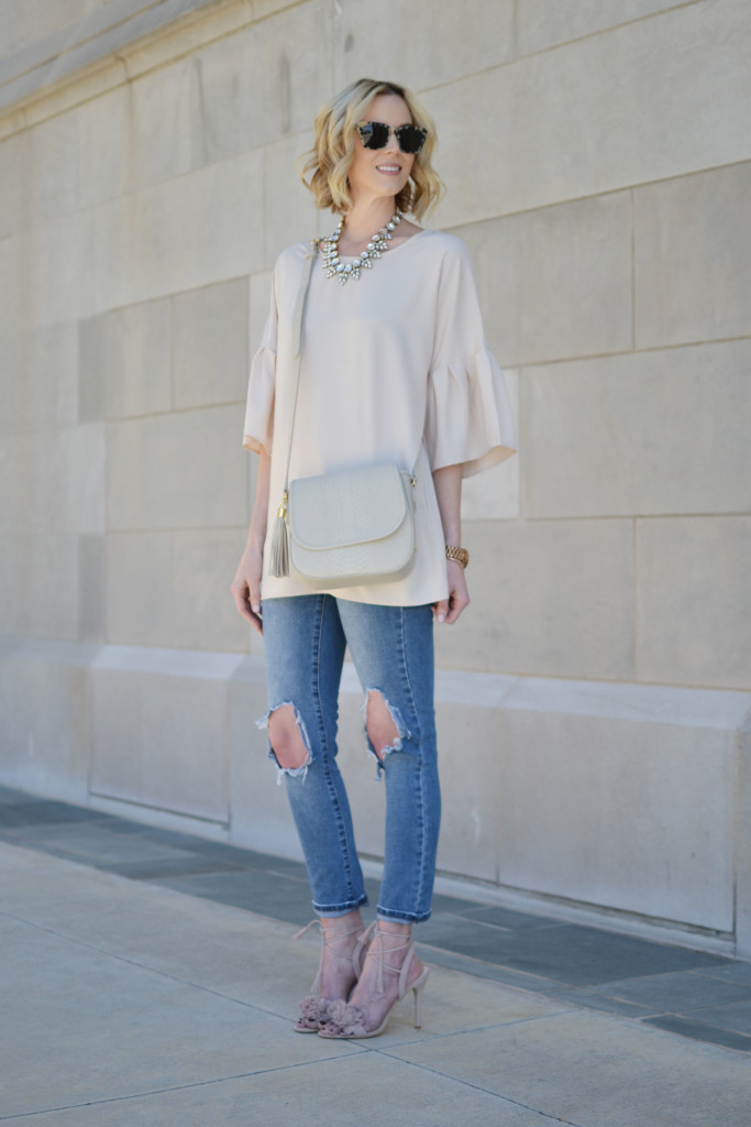 GiGi Kelly saddle bag, the perfect blush top, ripped jeans, blush lace up heels, distressed jeans, statement necklace
