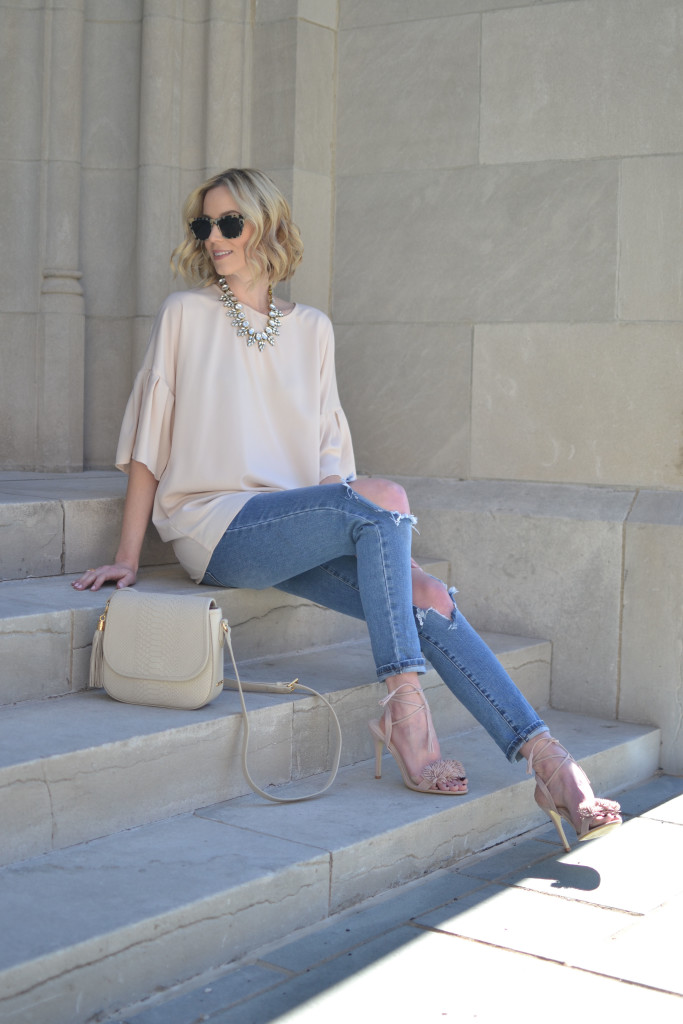 GiGi Kelly saddle bag, the perfect blush top, ripped jeans, blush lace up heels, distressed jeans, statement necklace