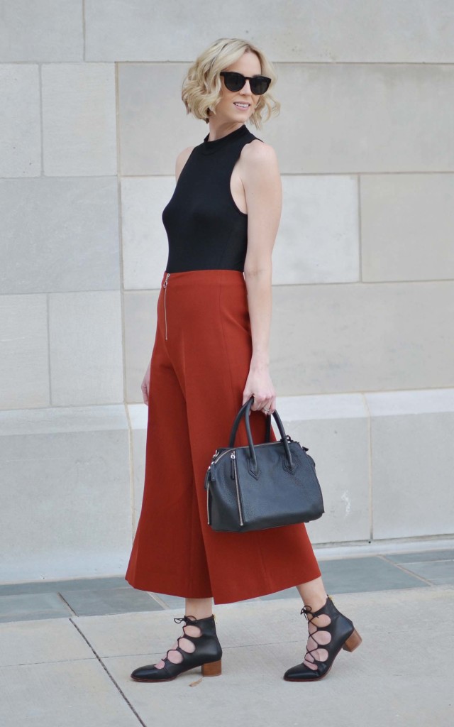 Madison and Berkeley, bodysuit, culottes, lace up block heels, Rebecca Minkoff Perry satchel 