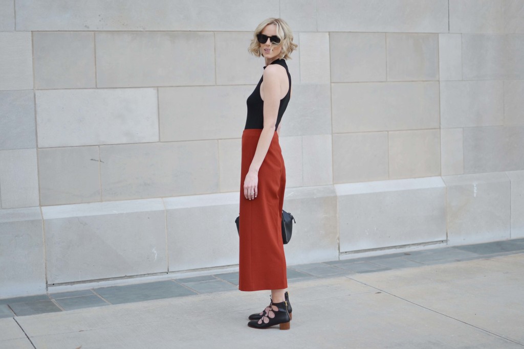 Madison and Berkeley, bodysuit, culottes, lace up block heels, Rebecca Minkoff Perry satchel 