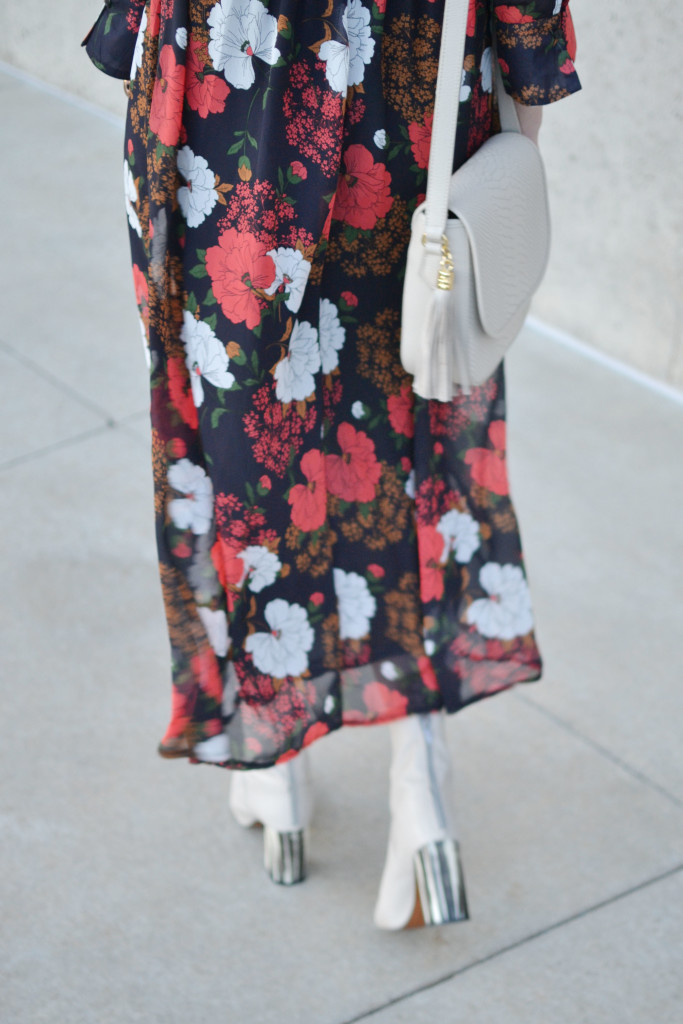 retro floral midi dress, GiGi New York Kelly saddle bag, cream Topshop ankle boots, Karen Walker sunglasses, 70s style
