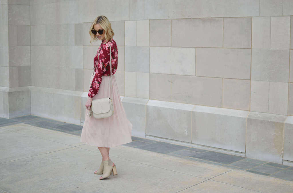 how to style a pleated blush midi, burgundy floral blouse, GiGi Kelly saddle bag, 2016 pantone color of the year, nude open toe booties