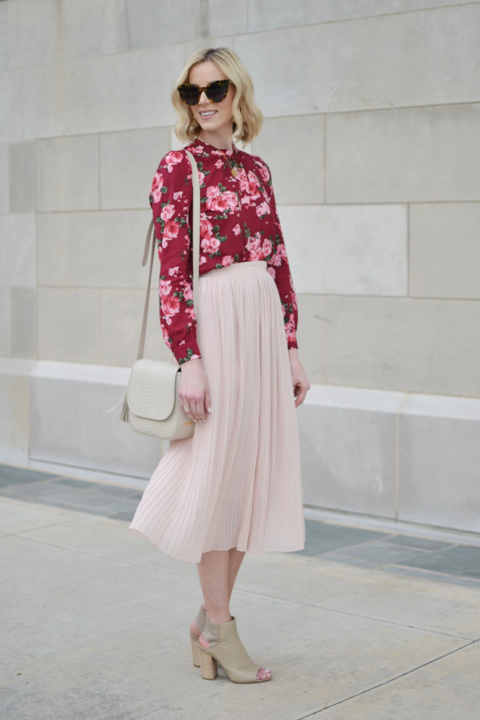 how to style a pleated blush midi, burgundy floral blouse, GiGi Kelly saddle bag, 2016 pantone color of the year, nude open toe booties