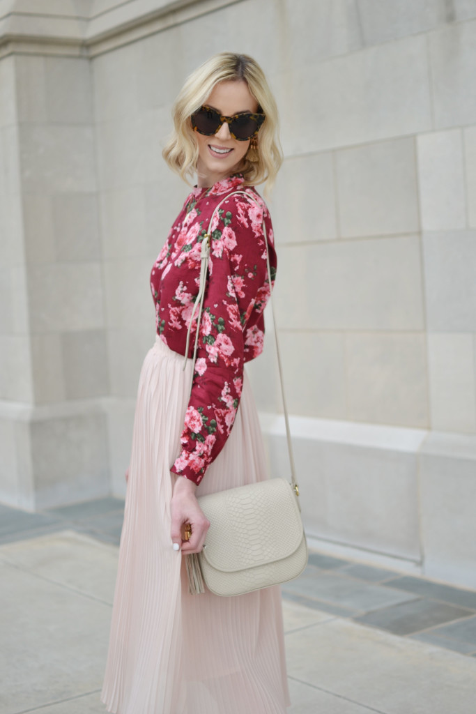 how to style a pleated blush midi, burgundy floral blouse, GiGi Kelly saddle bag, 2016 pantone color of the year