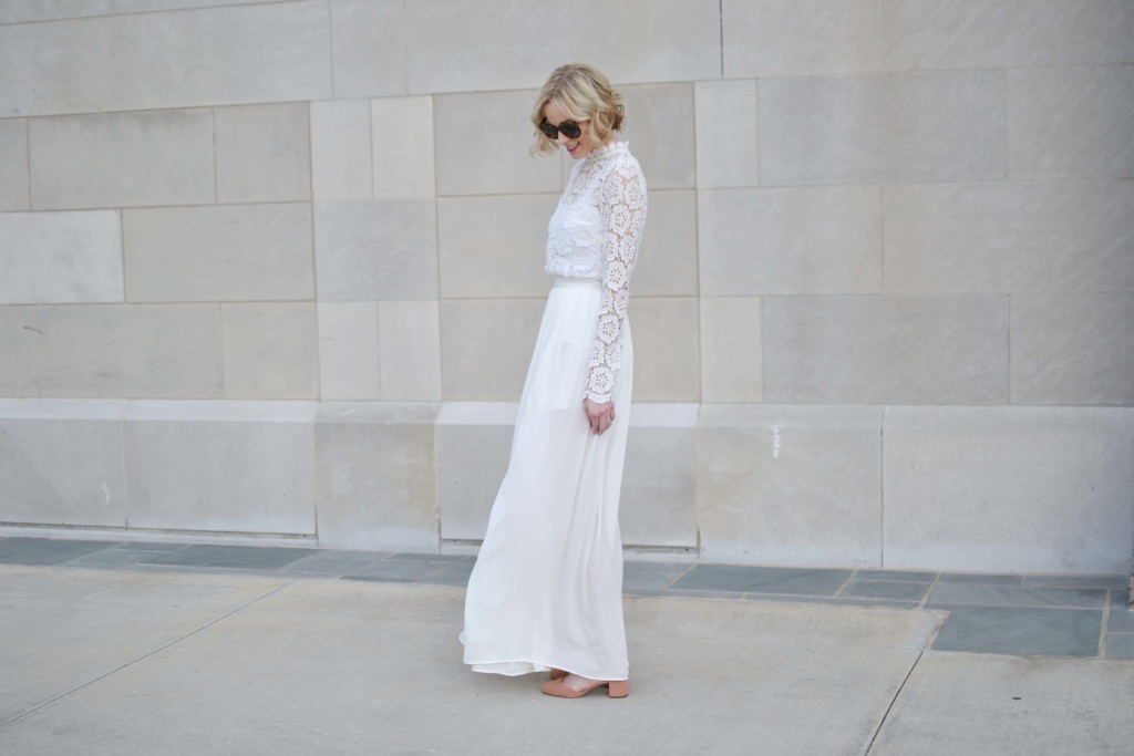 white crochet maxi dress, chicwish, self-portrait dupe, look alike, floral, Ann Taylor blush suede heels, pantone color of the year, spring style
