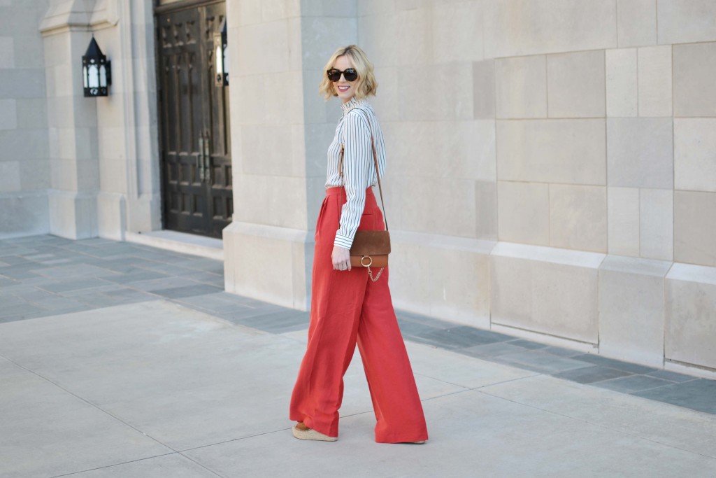 Why wear regular pants when you can make a statement? These red wide leg pants from Ann Taylor are classic and functional, especially with a striped blouse.