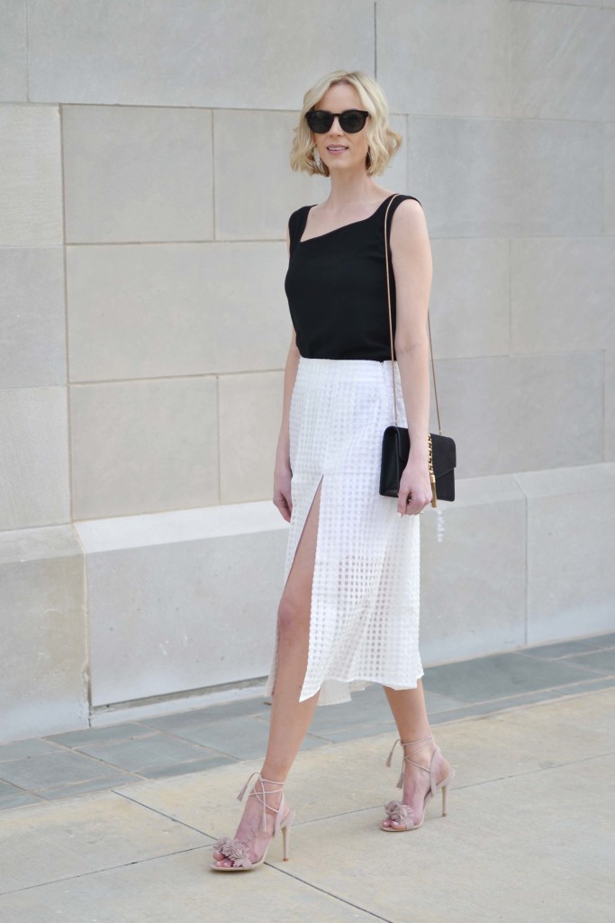 classic pieces with BYOND, blush pom pom heels, black top, white overlay grid skirt, asymmetrical 