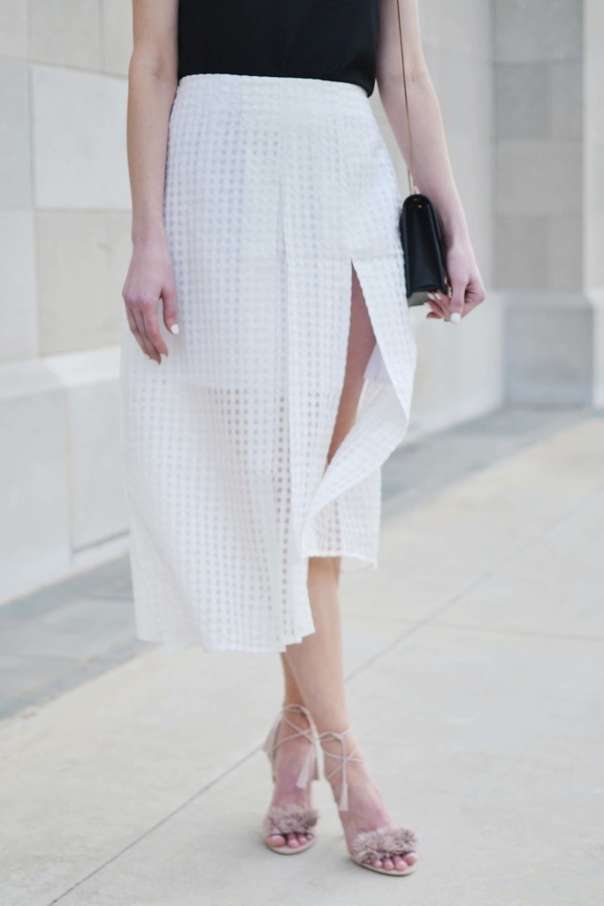 classic pieces with BYOND, blush pom pom heels, black top, white overlay grid skirt, asymmetrical 