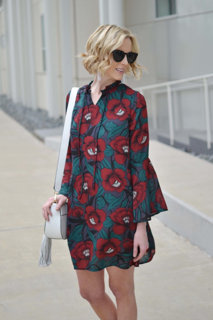 dark floral short dress, Rebecca Minkoff white bag, black lace up sandals, spring outfit ideas