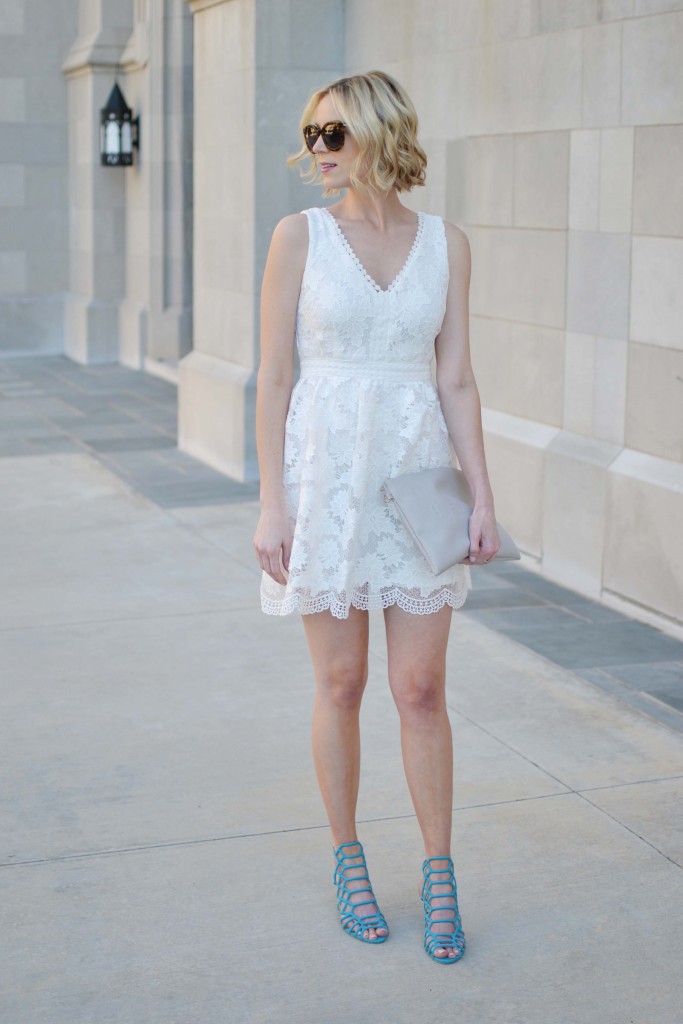 white lace dress, little white dress, turquoise heels, grey clutch