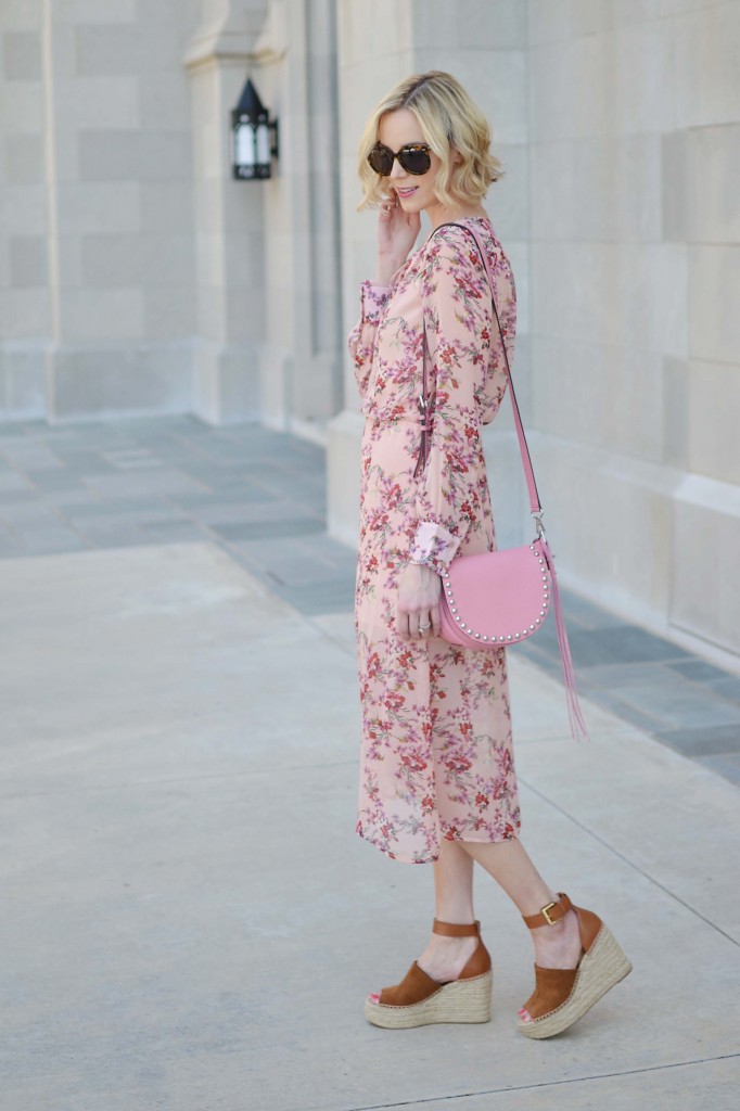 My pink bag lends such a fun, girly vibe to my floral blush midi dress. Just add espadrille wedges!
