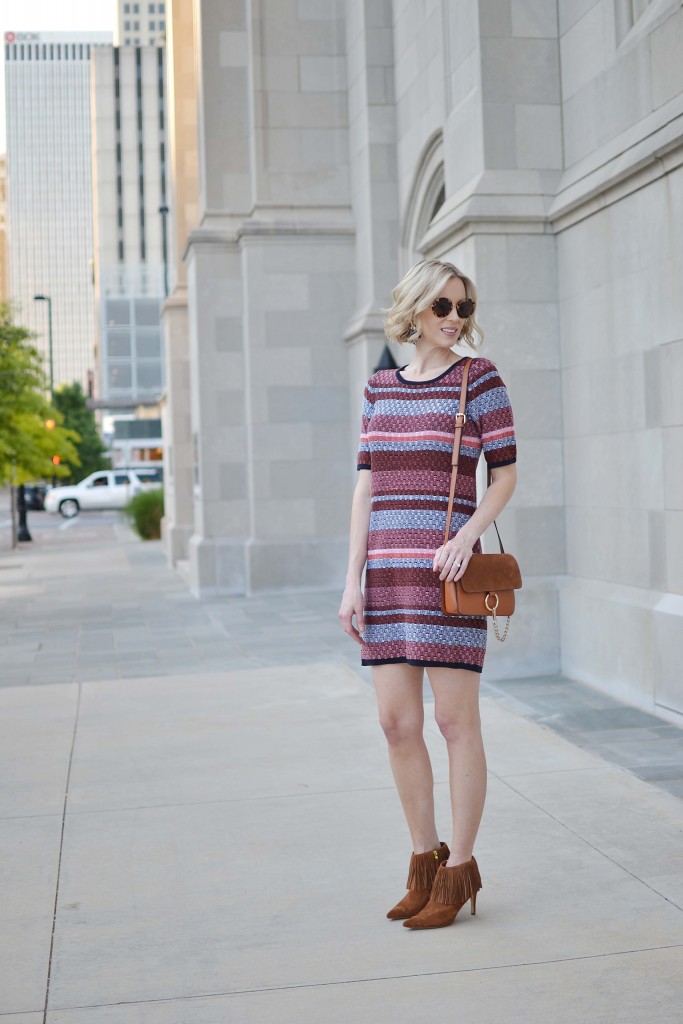 Ann Taylor striped dress, round sunnies, fringe booties, Chloe dupe bag