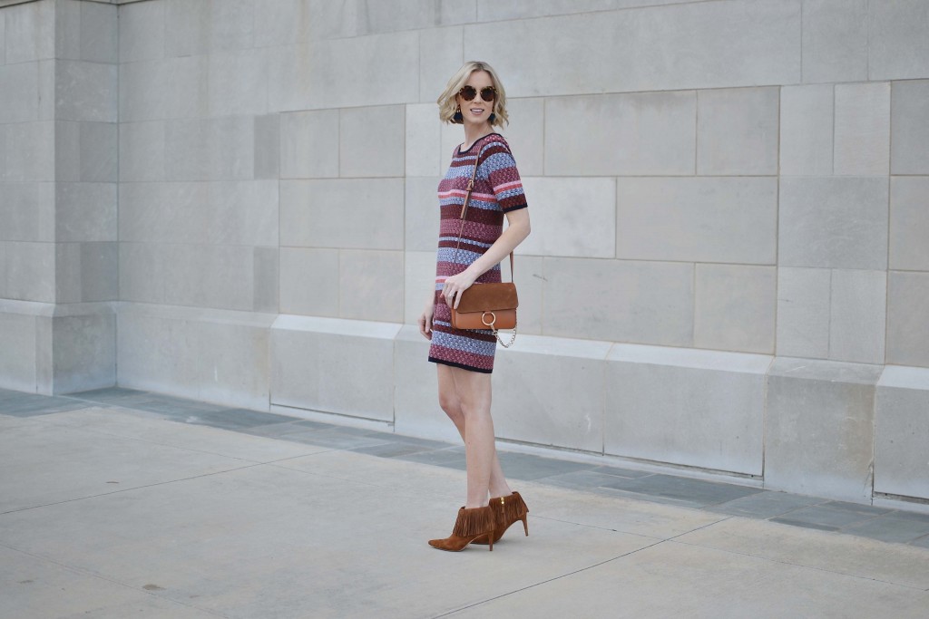 Ann Taylor striped dress, round sunnies, fringe booties, Chloe dupe bag
