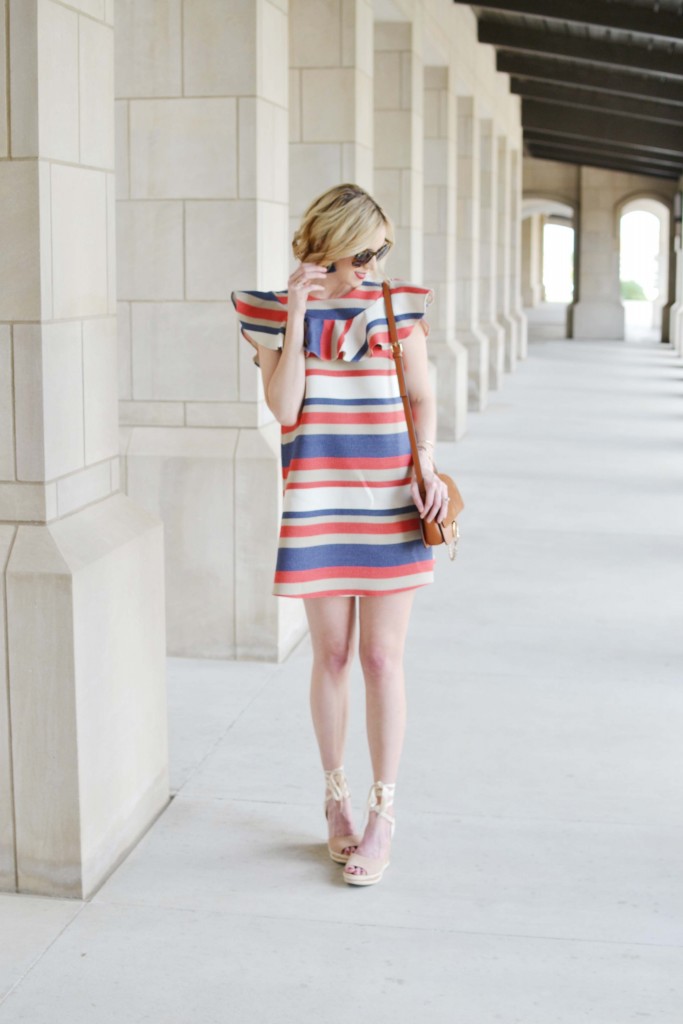 striped dress with ruffle collar and v-back