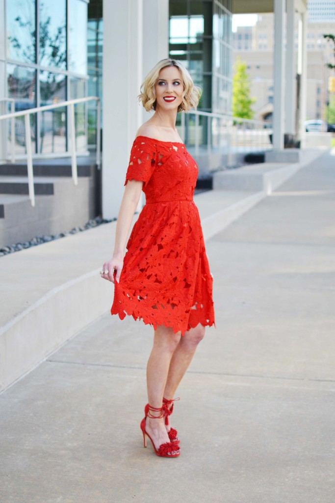 Red lace off the shoulder floral dress, red lace up heels, red lipstick, spring wedding, summer wedding