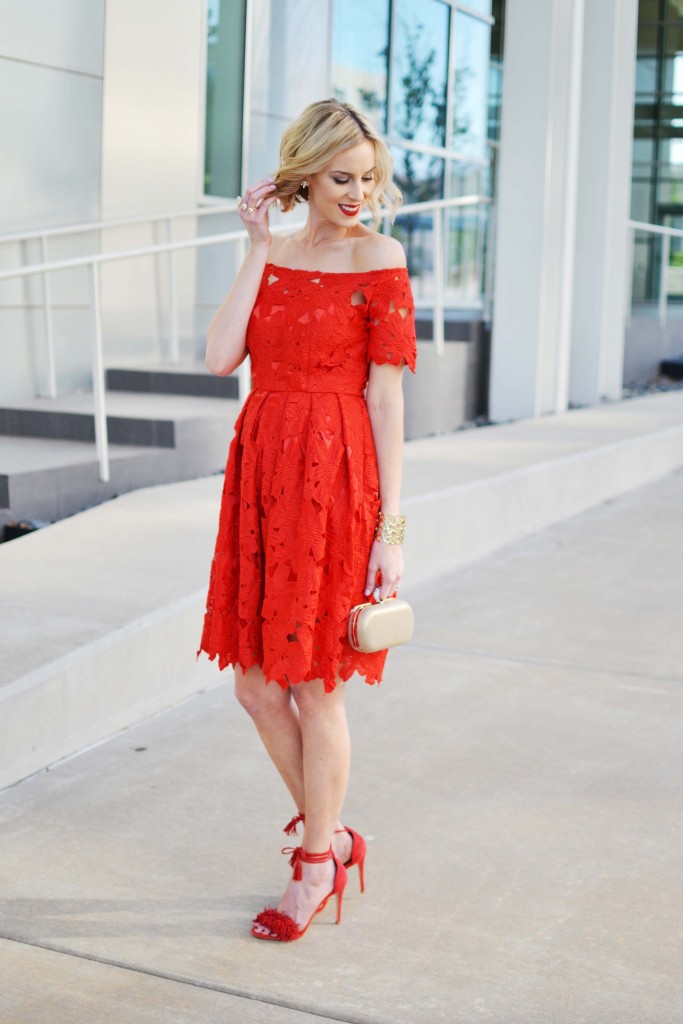 Red lace off the shoulder floral dress, red lace up heels, red lipstick, spring wedding, summer wedding
