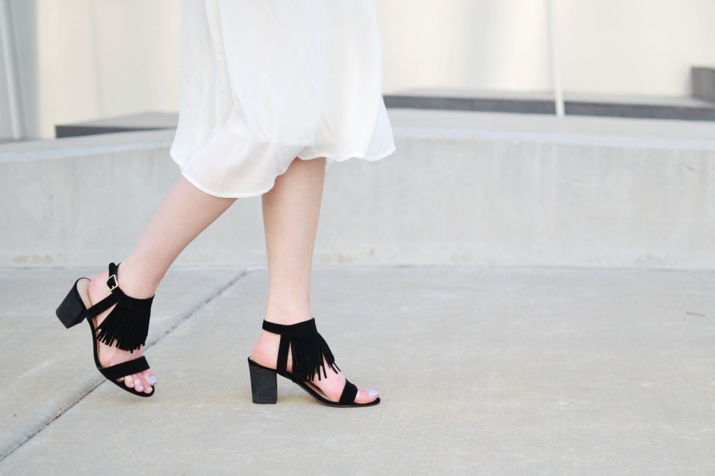 Restricted shoes black fringe block heeled sandals