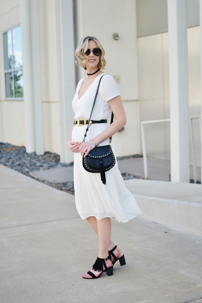 Restricted shoes, black fringe block heeled sandals, white dress, double buckle belt, choker, Chloe dupe bag, black and white outfit