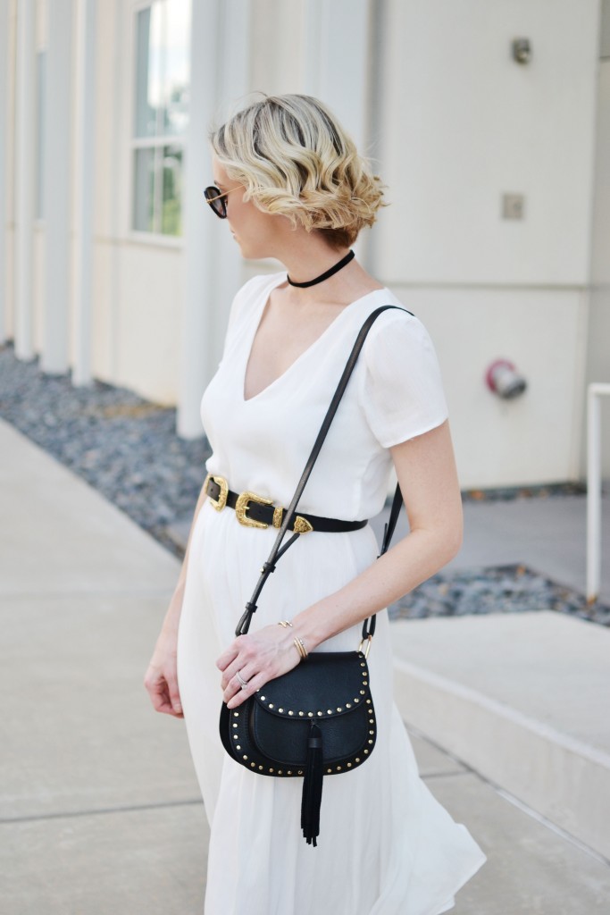 Restricted shoes, black fringe block heeled sandals, white dress, double buckle belt, choker, Chloe dupe bag, black and white outfit