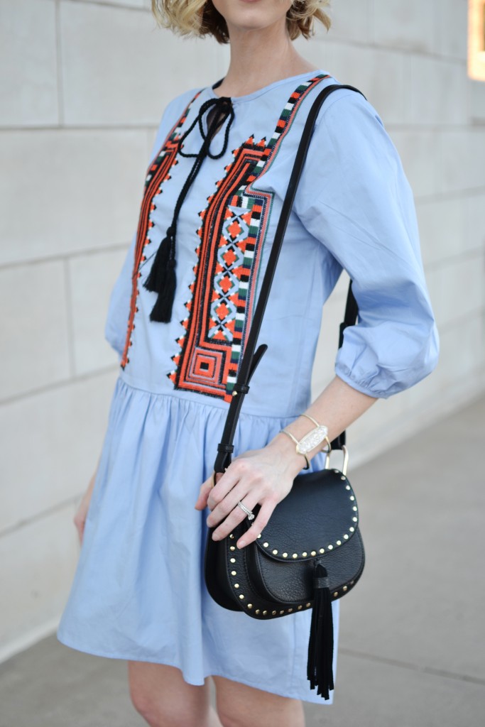 blue embroidered dress with tassel tie and Chloe dupe bag