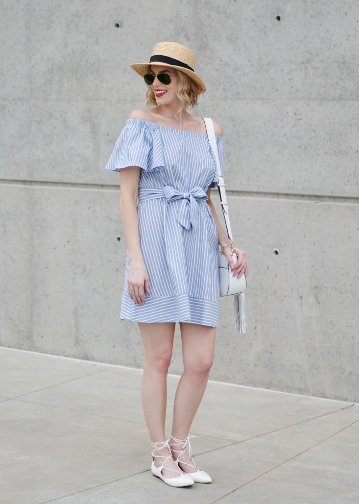 blue and white striped off the shoulder dress, white lace up flats, white tassel bag, straw hat, red lip